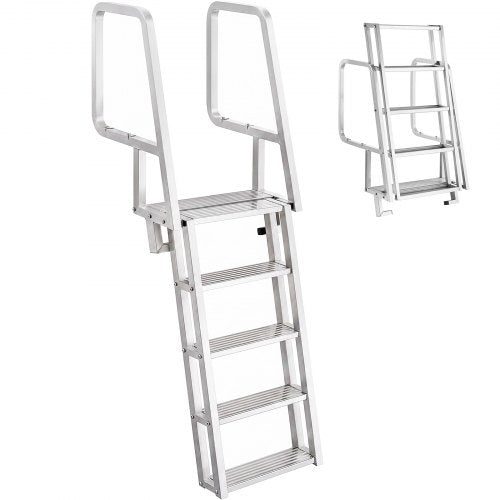 VEVOR Flip-Up Dock Ladder, 5-Step, Heavy-Duty Aluminum Alloy Pontoon Boat Swim Ladder, with Non-Slip Wide Steps, 159 kg Weight Capacity, Pull Rope Assist, Comfort Use for Lake Pool Marine Boarding