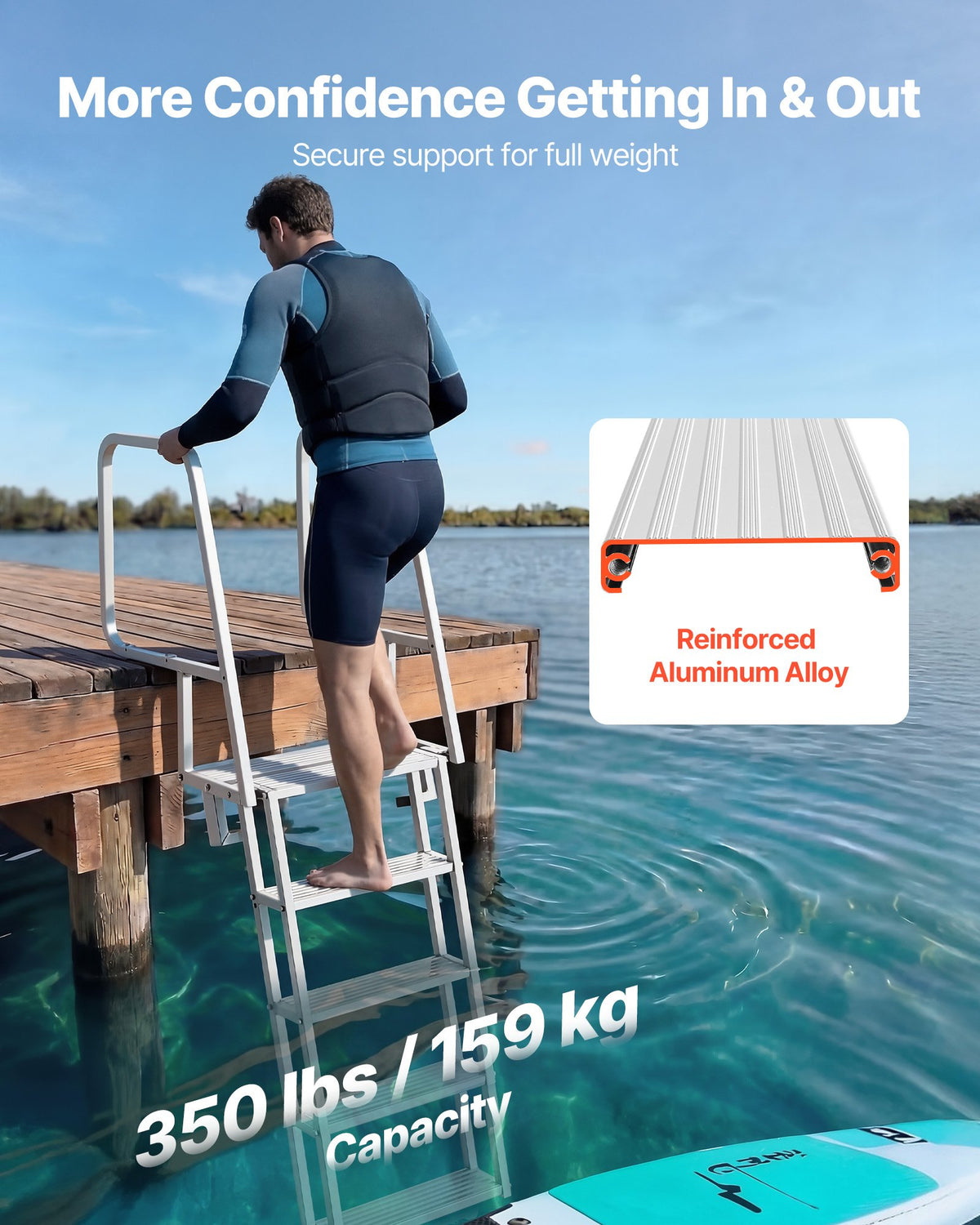 VEVOR Flip-Up Dock Ladder, 5-Step, Heavy-Duty Aluminum Alloy Pontoon Boat Swim Ladder, with Non-Slip Wide Steps, 159 kg Weight Capacity, Pull Rope Assist, Comfort Use for Lake Pool Marine Boarding