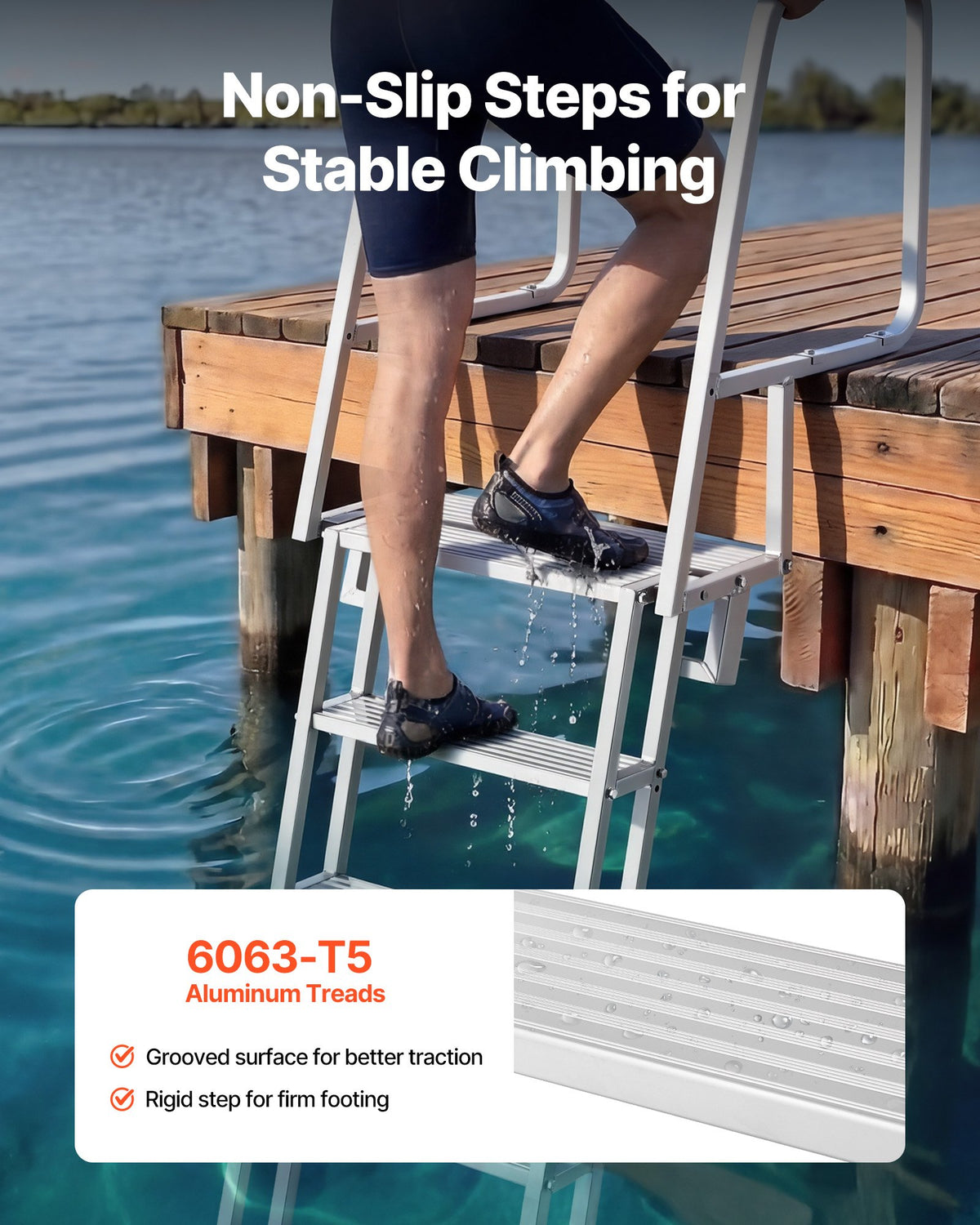 VEVOR Flip-Up Dock Ladder, 5-Step, Heavy-Duty Aluminum Alloy Pontoon Boat Swim Ladder, with Non-Slip Wide Steps, 159 kg Weight Capacity, Pull Rope Assist, Comfort Use for Lake Pool Marine Boarding