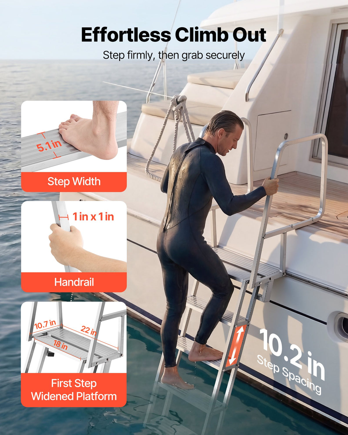 VEVOR Flip-Up Dock Ladder, 5-Step, Heavy-Duty Aluminum Alloy Pontoon Boat Swim Ladder, with Non-Slip Wide Steps, 159 kg Weight Capacity, Pull Rope Assist, Comfort Use for Lake Pool Marine Boarding