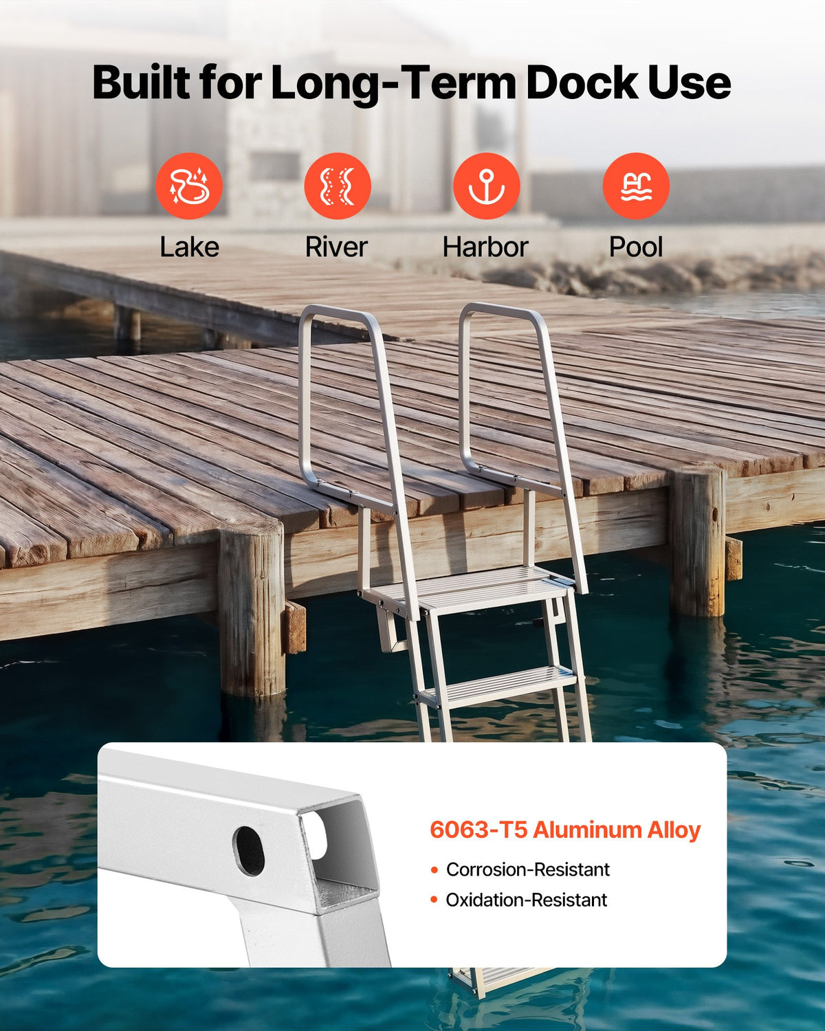 VEVOR Flip-Up Dock Ladder, 5-Step, Heavy-Duty Aluminum Alloy Pontoon Boat Swim Ladder, with Non-Slip Wide Steps, 159 kg Weight Capacity, Pull Rope Assist, Comfort Use for Lake Pool Marine Boarding