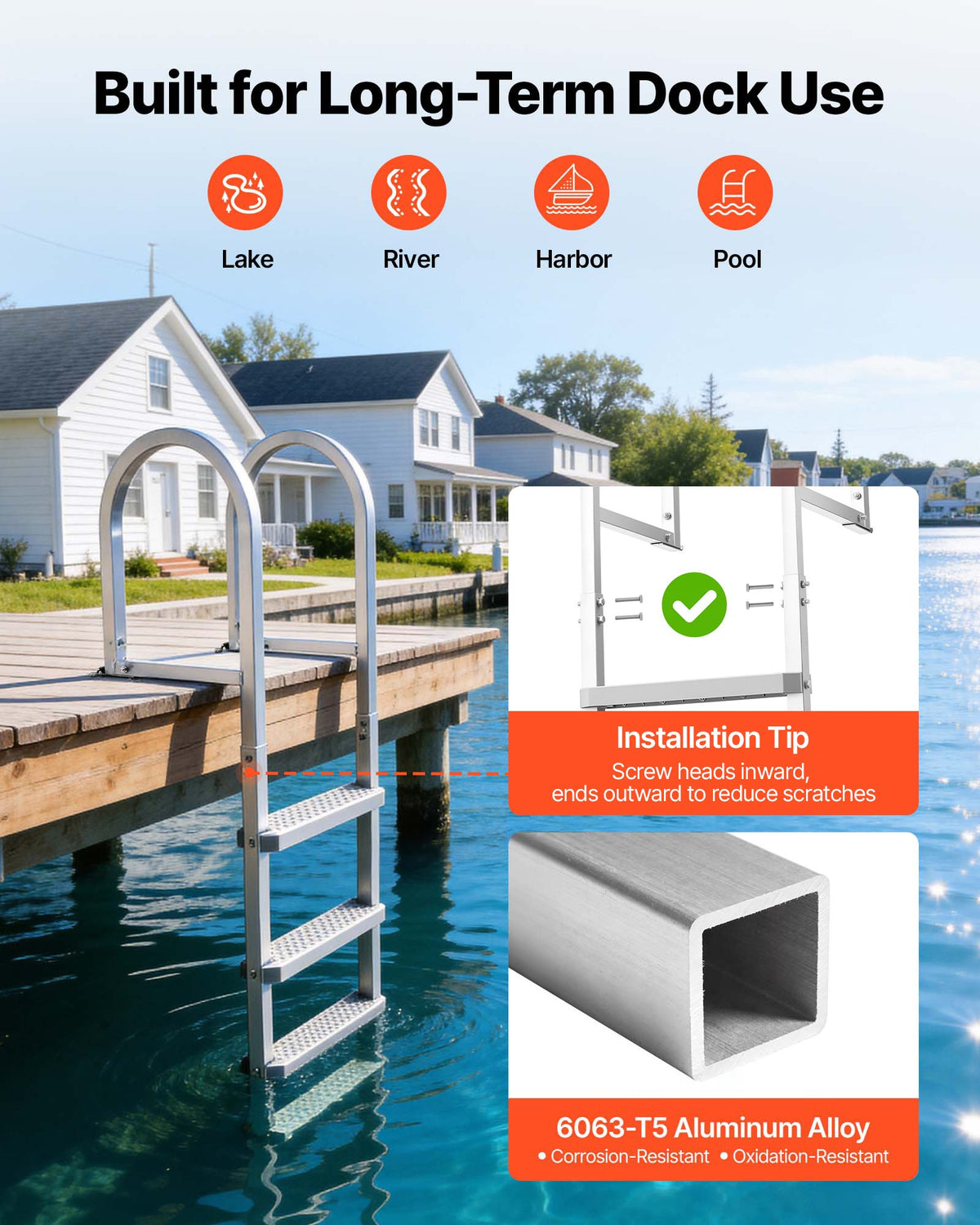VEVOR Removable Dock Ladder, 4 Steps, Aluminum Alloy Pontoon Boat Swim Ladder, with Non-Slip Wide PP Steps, 227 kg Weight Capacity, Quick Release Design, for Lake Swimming, Pool, Marine Boarding