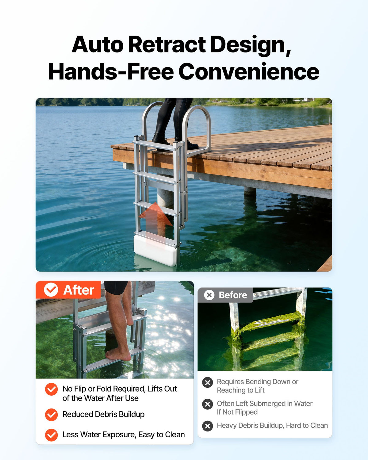VEVOR Retractable Dock Ladder, 4 Steps, Aluminum Alloy Pontoon Boat Swim Ladder with Auto-Lift Float, Non-Slip Wide Steps, 227 kg Weight Capacity, Adjustable Height, for Lake Pool Marine Boarding