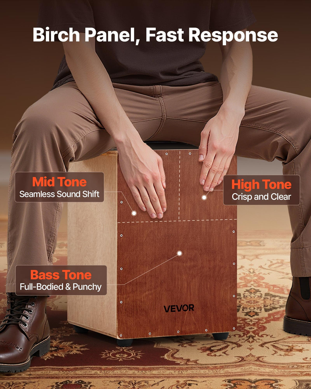 VEVOR Cajon Box Drum, with Internal Snare Wires, Lightweight Wooden Percussion Box, Portable Birch Wood Drum Musical Instrument with Travel Bag, for Beginners and Professionals, 305 x 305 x 430 mm