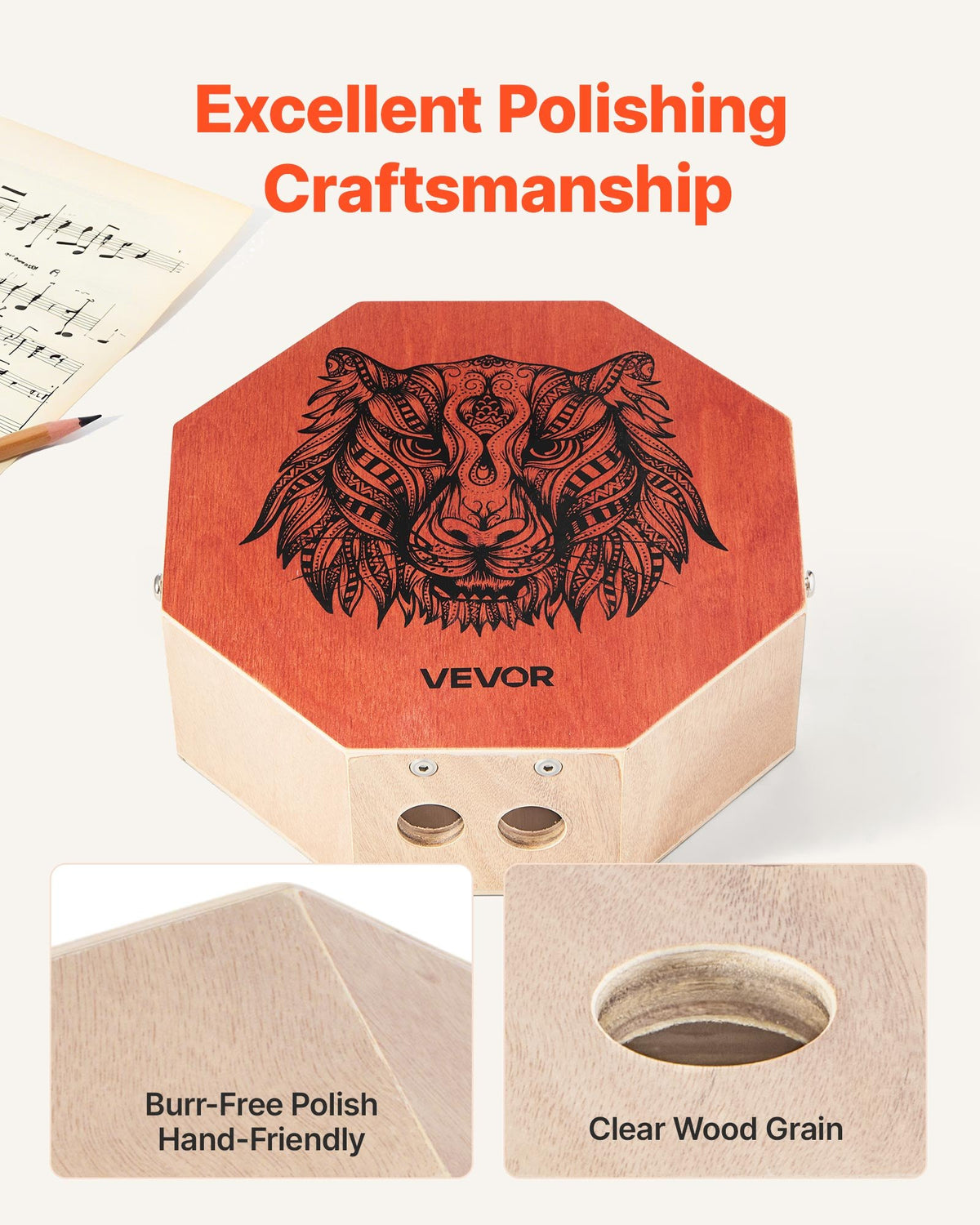 VEVOR Unique Cajon Box Drum, with Internal  Guitar Strings, Portable Wooden Percussion Box, Birch Wood Drum Musical Instrument with Adjustable Strap, for Beginners & Professionals, 295 x 295 x 100 mm