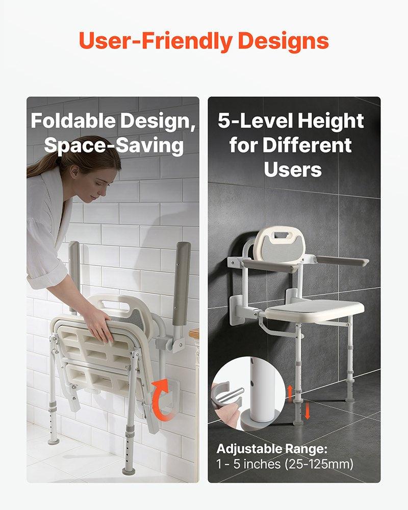 VEVOR Foldable Shower Chair Wall Mounted, 457mm Folding Shower Seat with Backrest, Armrest & Adjustable Legs, HDPE Fold-Down Bathroom Chair Stainless Steel Frame for Adults Seniors, 150kg Loading