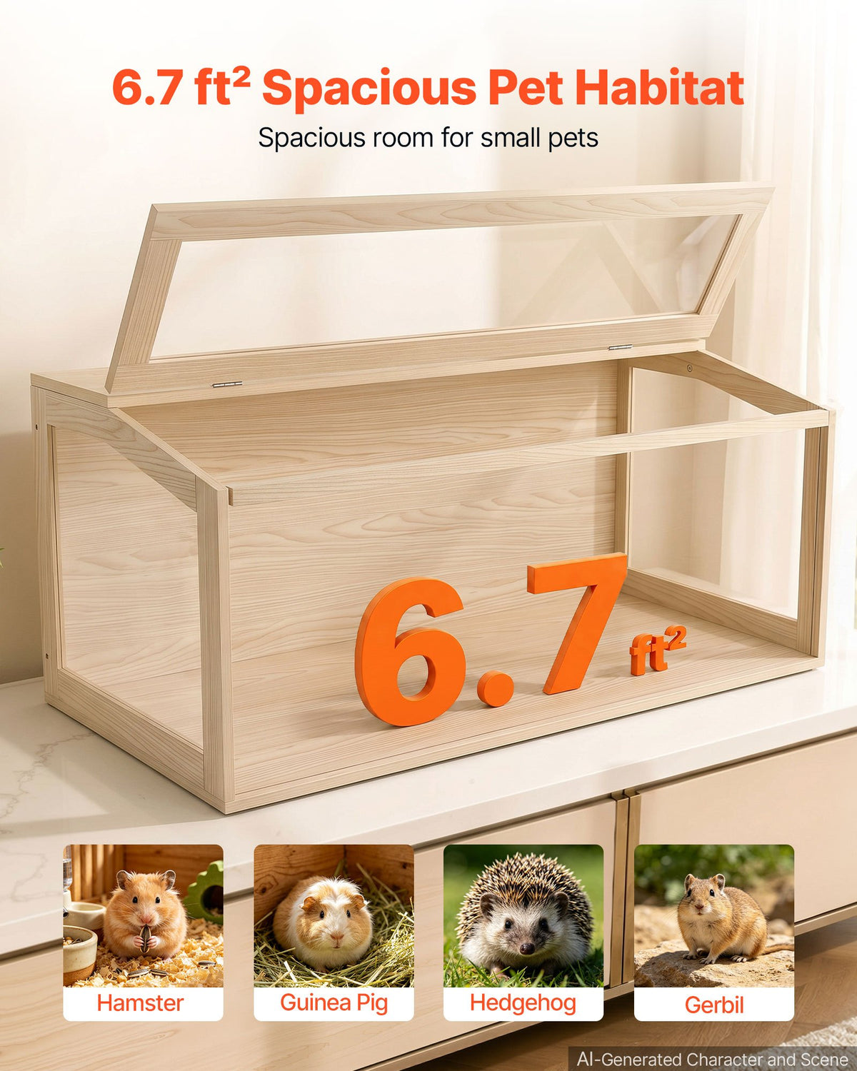 VEVOR Wooden Hamster Cage 1220 x 510 x 510 mm 270° Viewing Hamster Habitat, Chewproof Acrylic Small Animal Cage with Openable Top, Large Pet Enclosure for Syrian/Dwarf Hamsters, Guinea Pigs & Gerbils