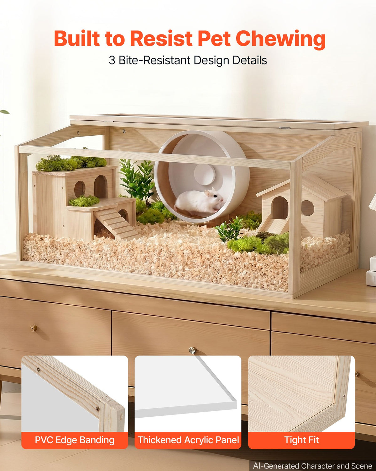 VEVOR Wooden Hamster Cage 1220 x 510 x 510 mm 270° Viewing Hamster Habitat, Chewproof Acrylic Small Animal Cage with Openable Top, Large Pet Enclosure for Syrian/Dwarf Hamsters, Guinea Pigs & Gerbils