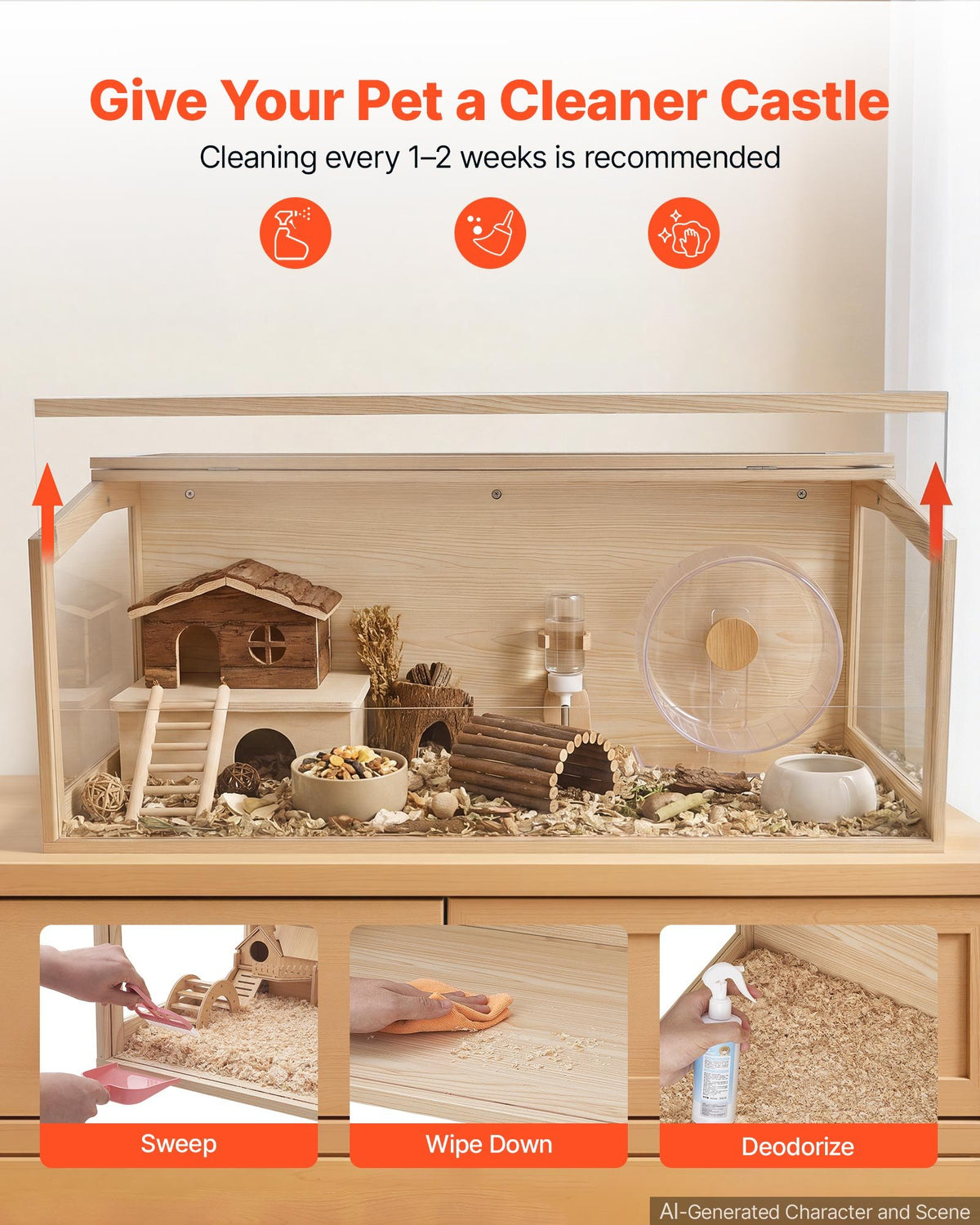 VEVOR Wooden Hamster Cage 1220 x 510 x 510 mm 270° Viewing Hamster Habitat, Chewproof Acrylic Small Animal Cage with Openable Top, Large Pet Enclosure for Syrian/Dwarf Hamsters, Guinea Pigs & Gerbils