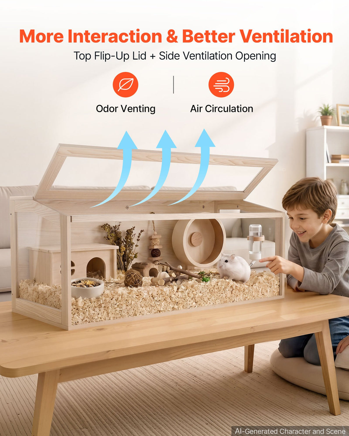 VEVOR Wooden Hamster Cage 1220 x 510 x 510 mm 270° Viewing Hamster Habitat, Chewproof Acrylic Small Animal Cage with Openable Top, Large Pet Enclosure for Syrian/Dwarf Hamsters, Guinea Pigs & Gerbils