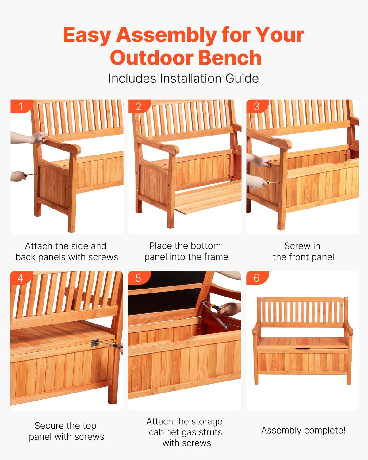 VEVOR Outdoor Storage Bench, 2-Person Wooden Storage Bench, 33 Gallons Deck Box with Side Handle, Supports up to 705 lbs, Outdoor Seating & Porch Decor, for Patio Garden Balcony Yard