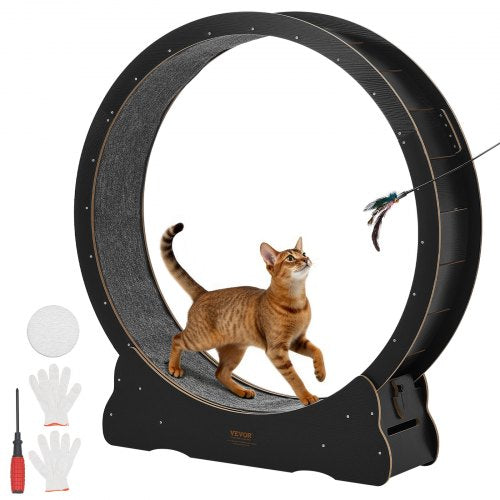 VEVOR Cat Exercise Wheel, 132cm Wooden Cat Running Wheel for Indoor Kitten up to 12.7kg, Cats Treadmill with Carpeted Runway & Locking Mechanism, Quiet Cat Sport Toys for Pets Fitness & Health, Black