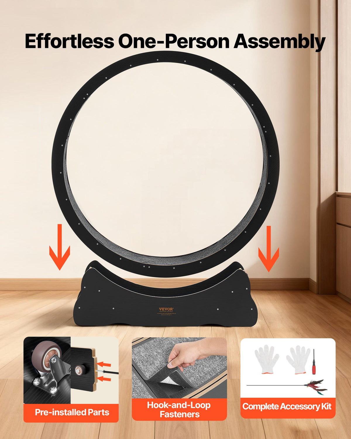 VEVOR Cat Exercise Wheel, 132cm Wooden Cat Running Wheel for Indoor Kitten up to 12.7kg, Cats Treadmill with Carpeted Runway & Locking Mechanism, Quiet Cat Sport Toys for Pets Fitness & Health, Black