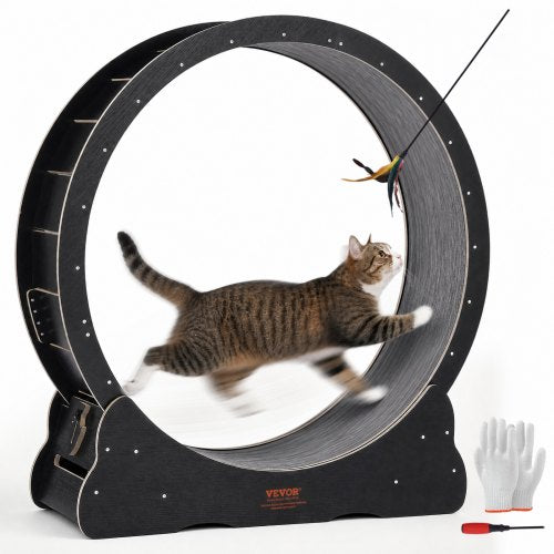 VEVOR Wooden Cat Exercise Wheel, 43.3" Large Cat Treadmill Wheel for Indoor Cats, Cat Running Wheel with Detachable Carpet & Cat Teaser for Running/Walking/Training, Suitable for Most Cats