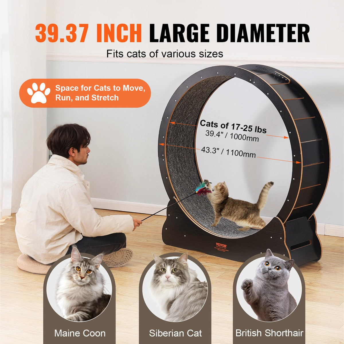 VEVOR Wooden Cat Exercise Wheel, 43.3" Large Cat Treadmill Wheel for Indoor Cats, Cat Running Wheel with Detachable Carpet & Cat Teaser for Running/Walking/Training, Suitable for Most Cats