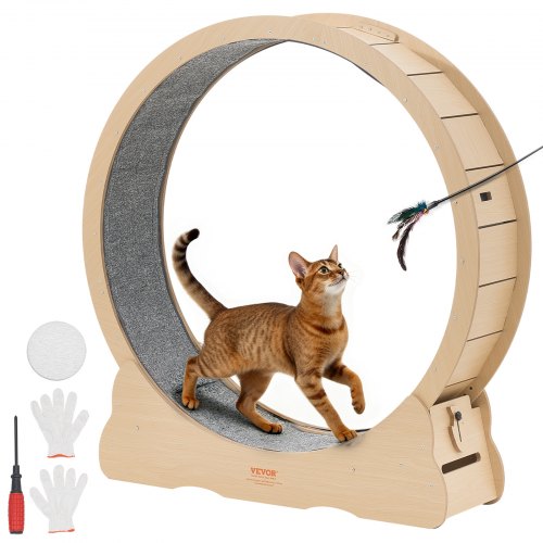 VEVOR Cat Exercise Wheel, 120cm Wooden Cat Running Wheel for Indoor Cats up to 12.7kg Cats Treadmill with Carpeted Runway & Locking Mechanism, Quiet Roller Kitten Sport Toys for Pets Fitness & Health