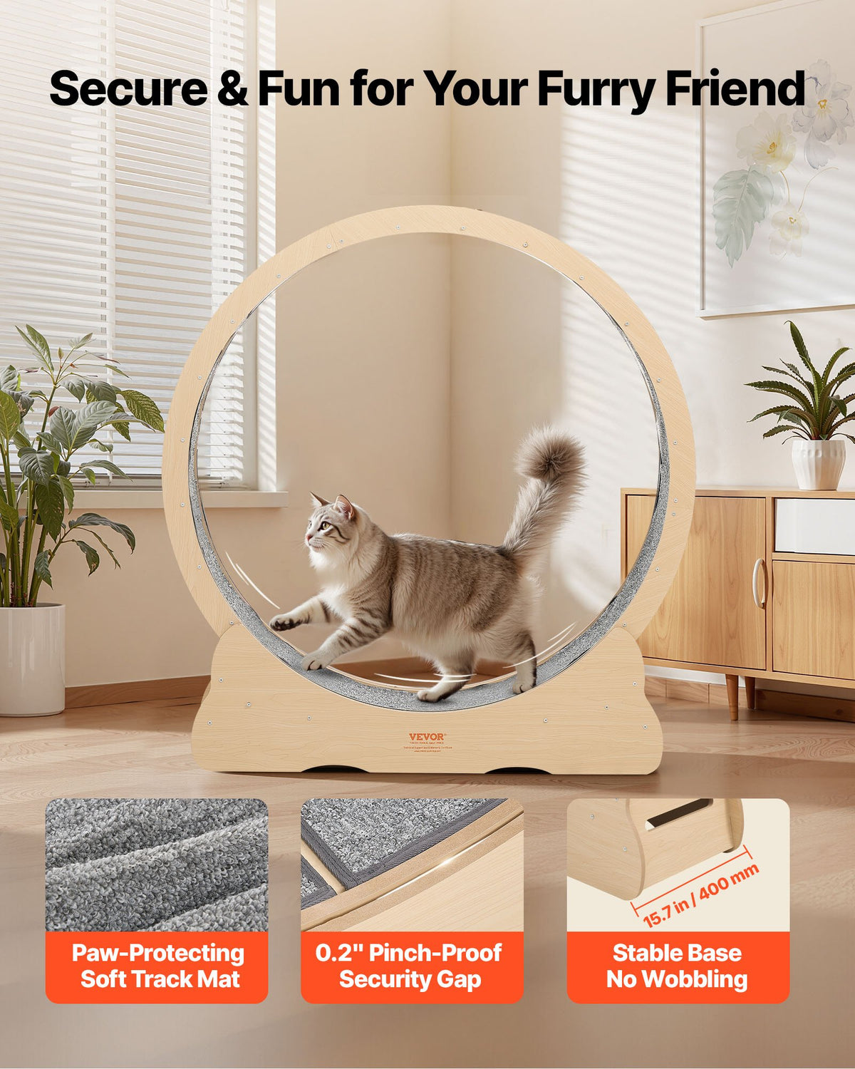 VEVOR Cat Exercise Wheel, 120cm Wooden Cat Running Wheel for Indoor Cats up to 12.7kg Cats Treadmill with Carpeted Runway & Locking Mechanism, Quiet Roller Kitten Sport Toys for Pets Fitness & Health