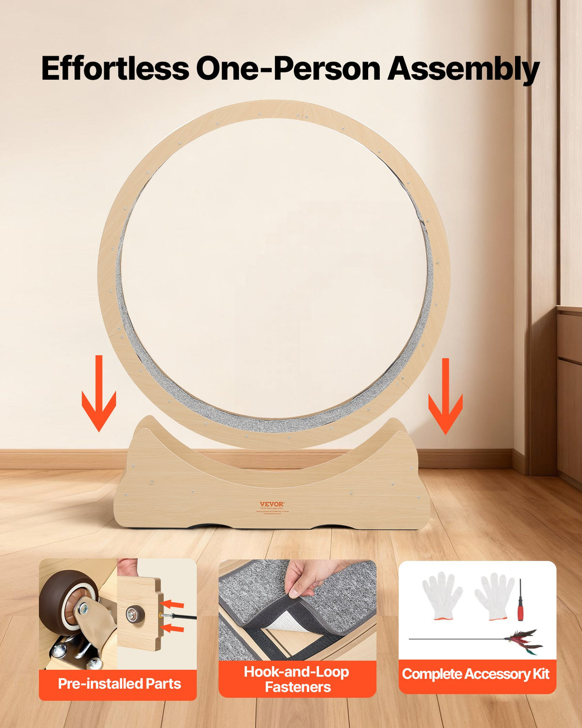 VEVOR Cat Exercise Wheel, 120cm Wooden Cat Running Wheel for Indoor Cats up to 12.7kg Cats Treadmill with Carpeted Runway & Locking Mechanism, Quiet Roller Kitten Sport Toys for Pets Fitness & Health