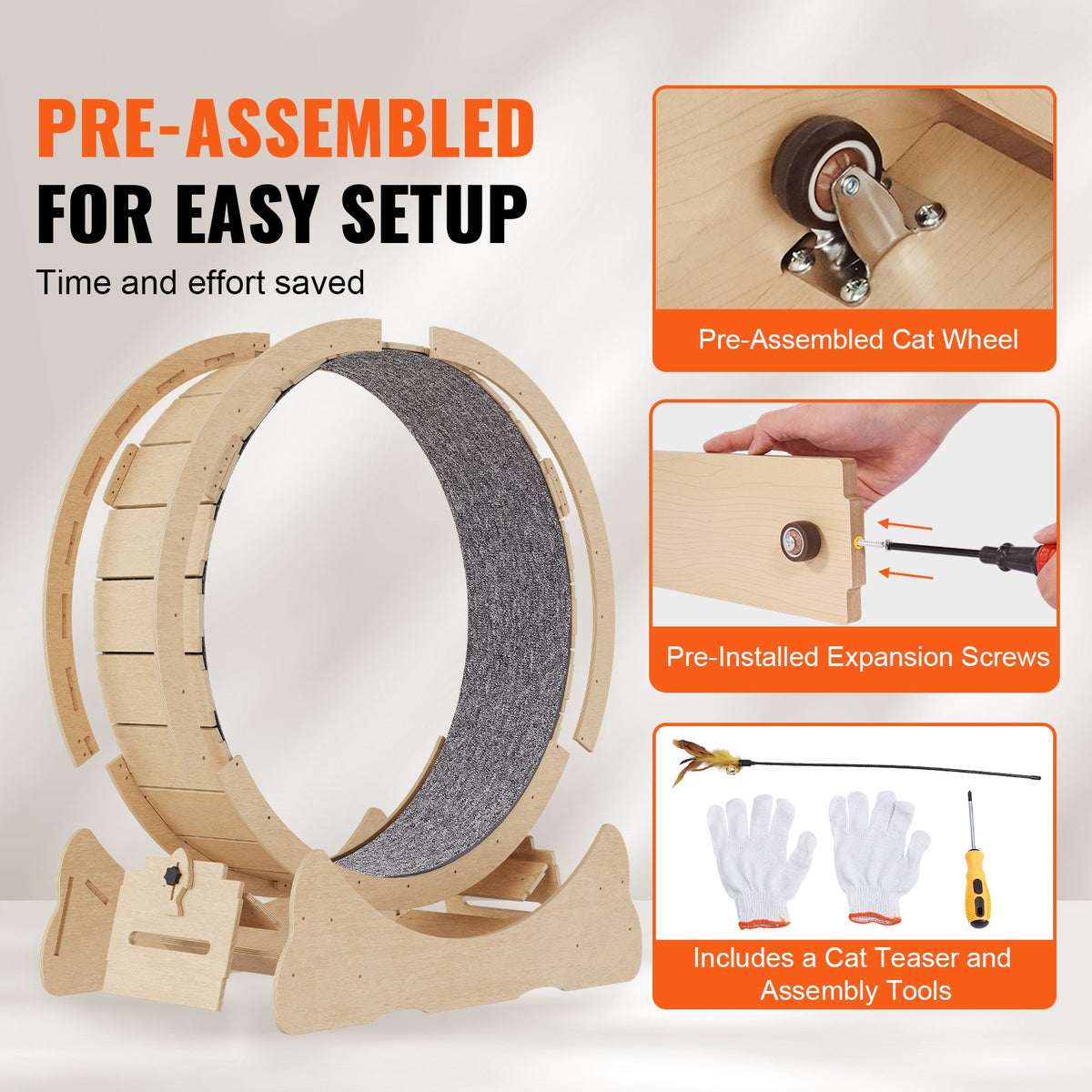 VEVOR Cat Exercise Wheel, Large Cat Treadmill Wheel for Indoor Cats, 35.8 inch Cat Running Wheel with Detachable Carpet and Cat Teaser for Running/Walking/Training, Suitable for Most Cats