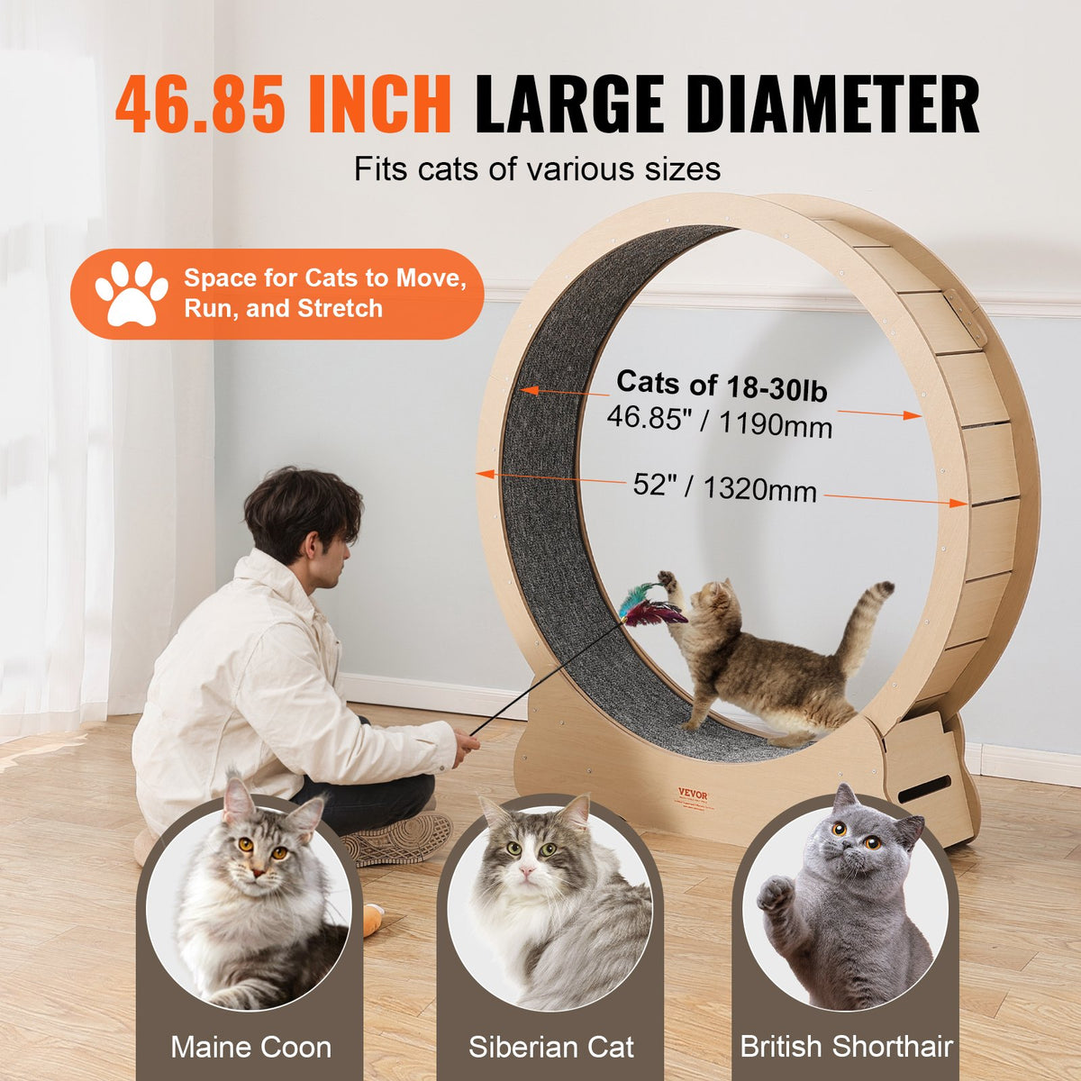 VEVOR Wooden Cat Exercise Wheel, 52" Large Cat Treadmill Wheel for Indoor Cats, Cat Running Wheel with Detachable Carpet & Cat Teaser for Running/Walking/Training, Suitable for Most Cats