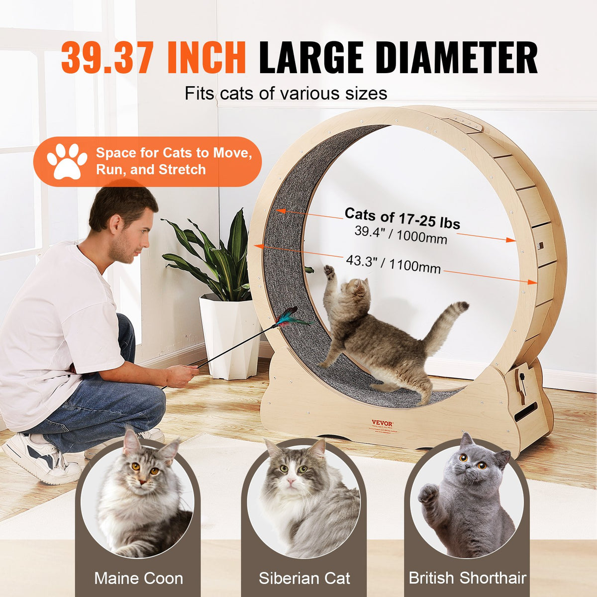 VEVOR Wooden Cat Exercise Wheel, 43.3" Large Cat Treadmill Wheel for Indoor Cats, Cat Running Wheel with Detachable Carpet & Cat Teaser for Running/Walking/Training, Suitable for Most Cats Yellow