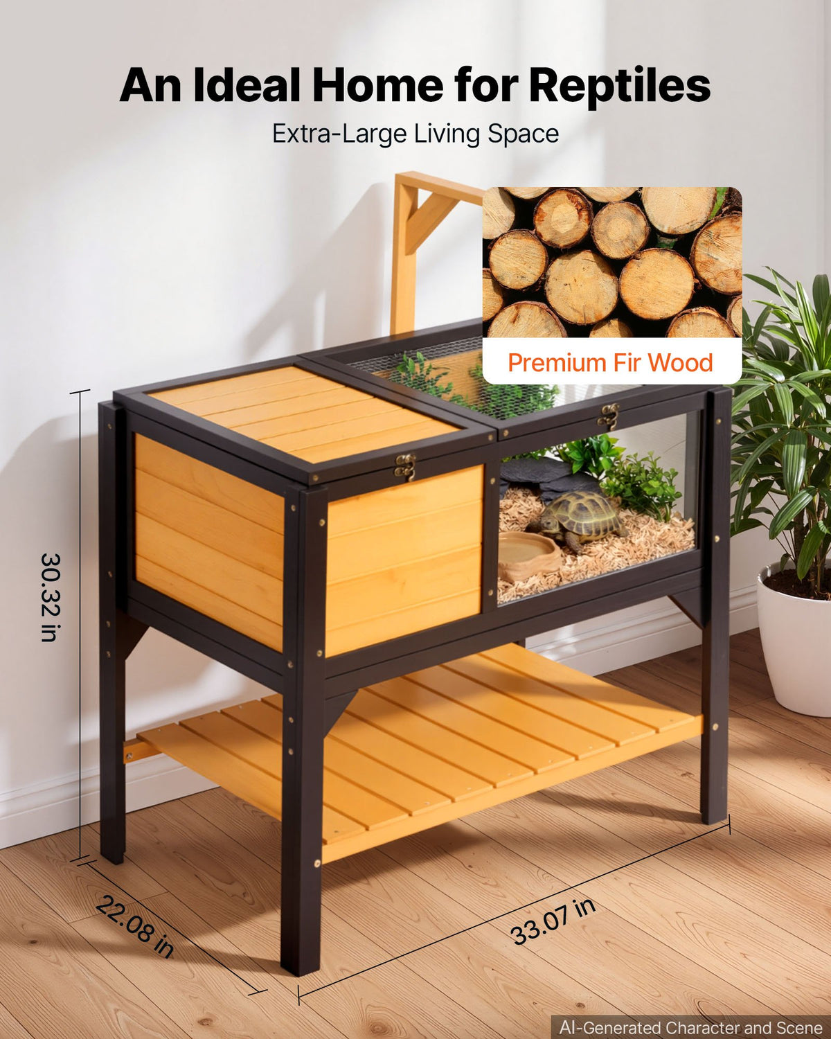 VEVOR Tortoise Habitat 2-Room Wooden Tortoise House with Storage Shelf, for Small Animals Indoor Outdoor, Lamp Stand, Large Turtle Enclosure Reptile Cage with Openable Roof, Acrylic Viewing Window