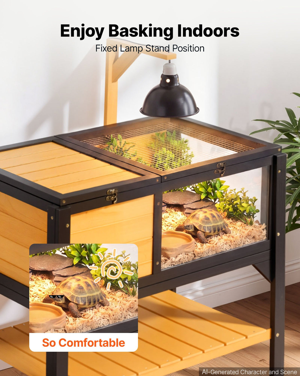 VEVOR Tortoise Habitat 2-Room Wooden Tortoise House with Storage Shelf, for Small Animals Indoor Outdoor, Lamp Stand, Large Turtle Enclosure Reptile Cage with Openable Roof, Acrylic Viewing Window