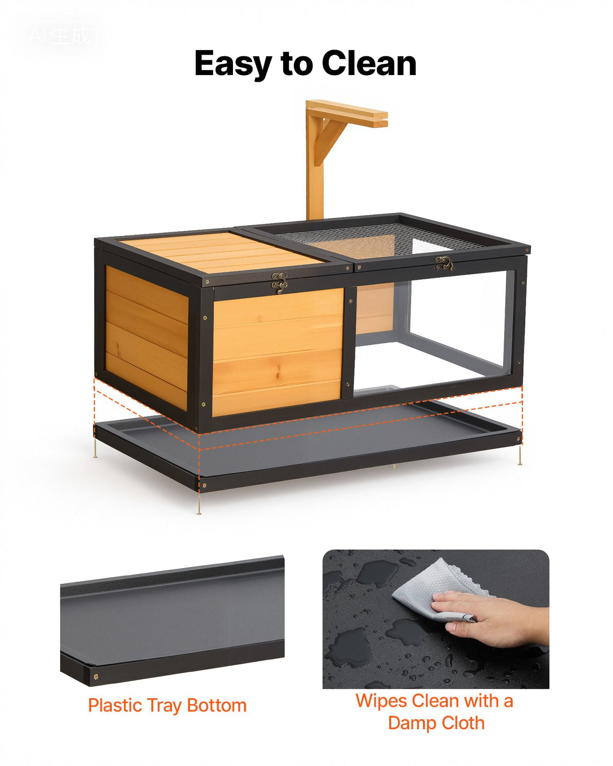 VEVOR Tortoise Habitat 2-Room Wooden Tortoise House with Storage Shelf, for Small Animals Indoor Outdoor, Lamp Stand, Large Turtle Enclosure Reptile Cage with Openable Roof, Acrylic Viewing Window