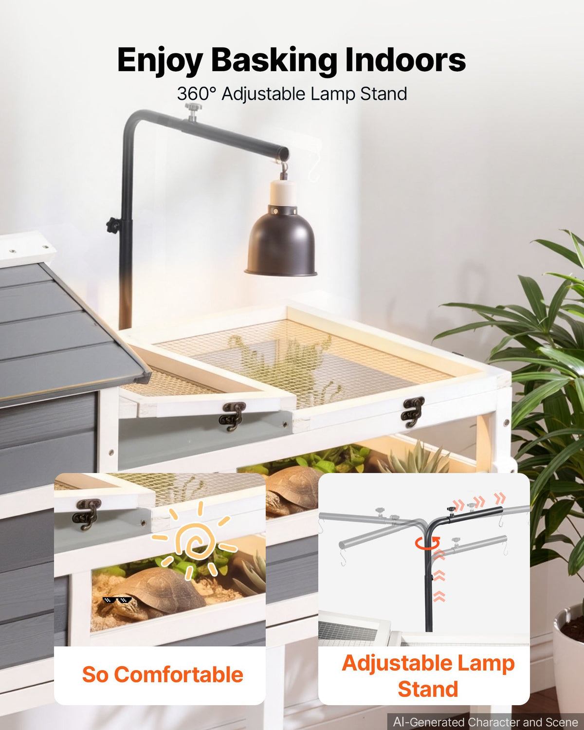 VEVOR Tortoise Habitat 4-Room Wooden Tortoise House Adjustable Lamp Stand, for Small Animals Indoor Outdoor, 2 Stories & Ramp, Large Turtle Enclosure Reptile Cage with Storage Shelf, Openable Roof