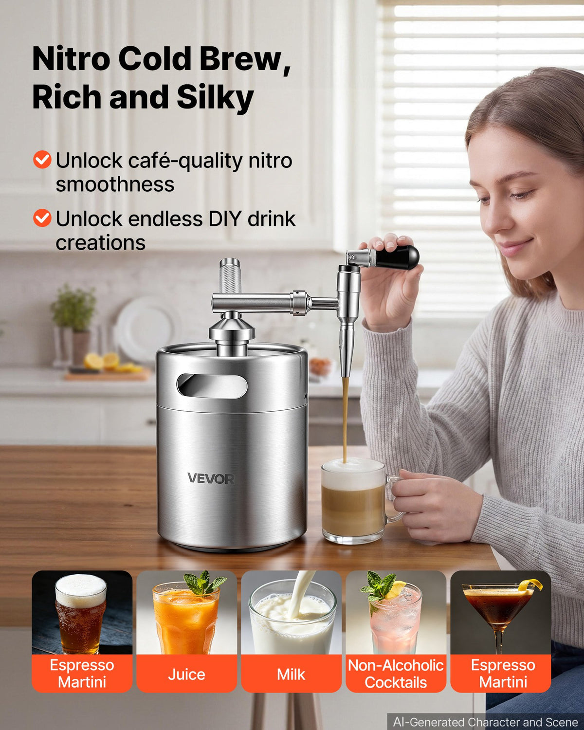 VEVOR Nitro Cold Brew Coffee Maker 4L Nitrogen Dispenser System, Home Brew Coffee Keg, Portable Nitrogen Infuser with Dispenser and Pressure Relieving Valve, Gift for Coffee Lovers