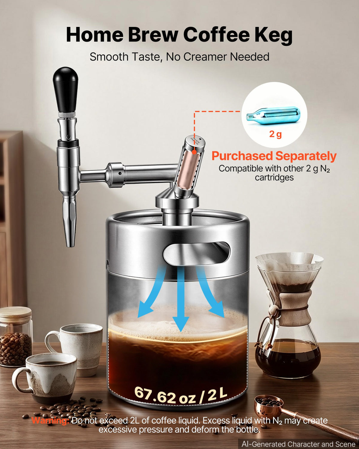 VEVOR Nitro Cold Brew Coffee Maker 4L Nitrogen Dispenser System, Home Brew Coffee Keg, Portable Nitrogen Infuser with Dispenser and Pressure Relieving Valve, Gift for Coffee Lovers