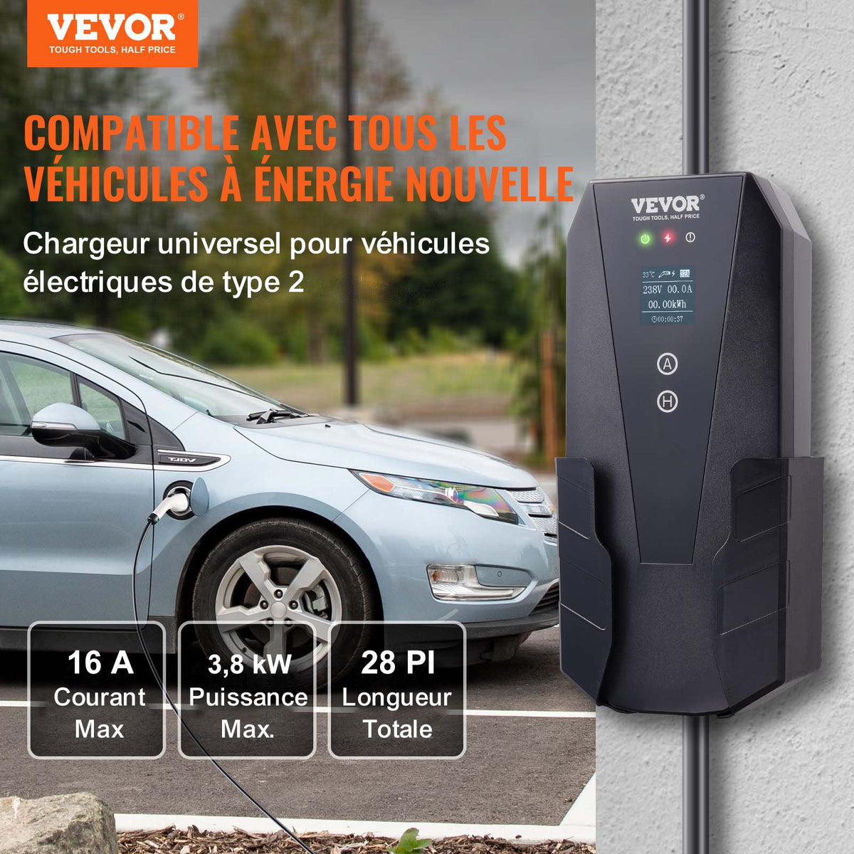 VEVOR Portable EV Charger Type 2, 16A 3.7 kW, Electric Vehicle Car Charger with 8.6 m Charging Cable CEE 7/7 Plug LCD Screen, IEC 62196 Home EV Charging Station with Carry Bag Charging Cable Hook, IP66