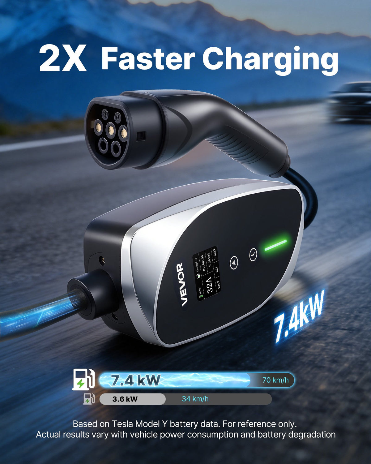 VEVOR Mobile Wallbox, 7.4 kW 32A, Type 2 Portable EV Charger, Single Phase Electric Vehicle Car Charger with 6 m Charging Cable, CEE Plug, LCD Screen, Adjustable EV Charging Station, IP66 Control Box