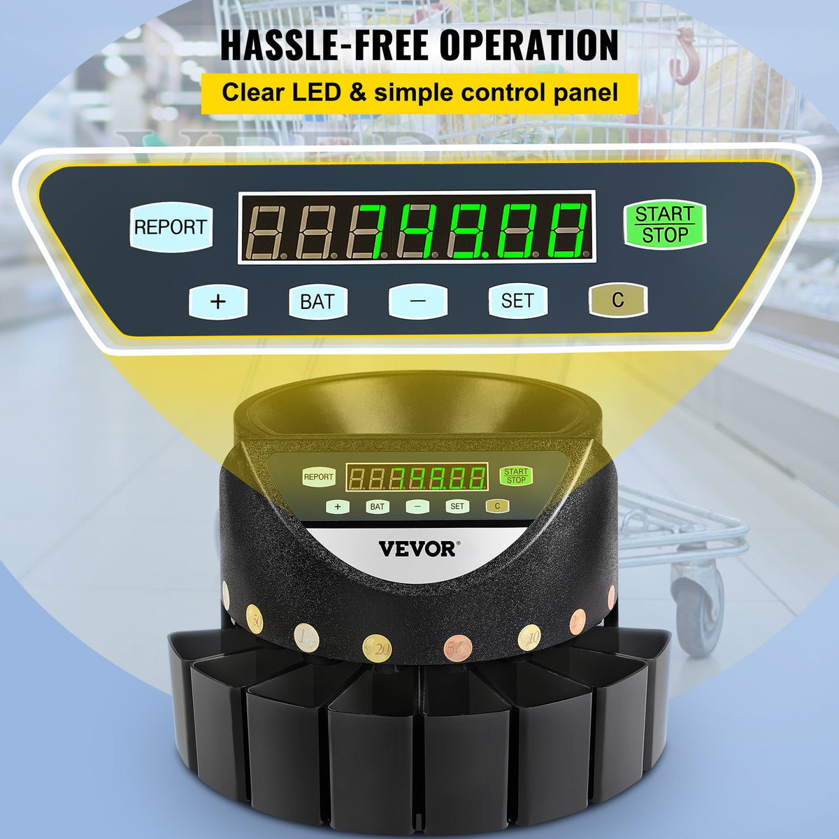 VEVOR Euro Coin Counter Sorter 500-1000 Coins Electronic Automatic EUR Coin Counting Machine 300 Coins Per Minute with 8 Coin Drawers for School Shop Bank