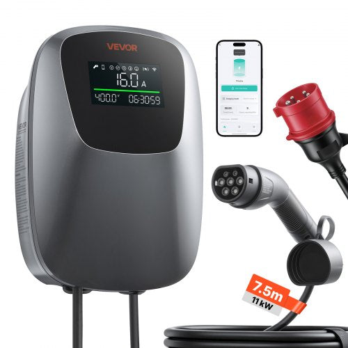 VEVOR Electric Vehicle Charging Station 11kW Three-Phase EV Charger CEE 16A, for All EVs and PHEVs, 400V AC Home Type 2 Smart Car Charging Wallbox, with APP Remote Control & Digital Display, IP65