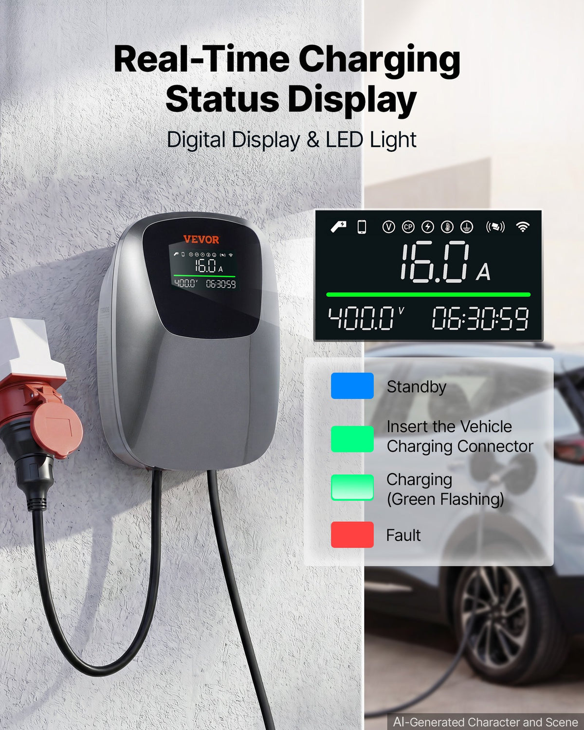 VEVOR Electric Vehicle Charging Station 11kW Three-Phase EV Charger CEE 16A, for All EVs and PHEVs, 400V AC Home Type 2 Smart Car Charging Wallbox, with APP Remote Control & Digital Display, IP65