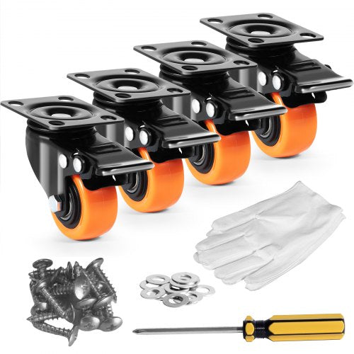 VEVOR Caster Wheels, 5.1 cm Swivel Plate Casters, Set of 4, with Security Dual Locking No Noise PVC Wheels, Heavy Duty 68 kg Load Capacity Per Caster, Non-Marking Wheels for Cart Furniture Workbench