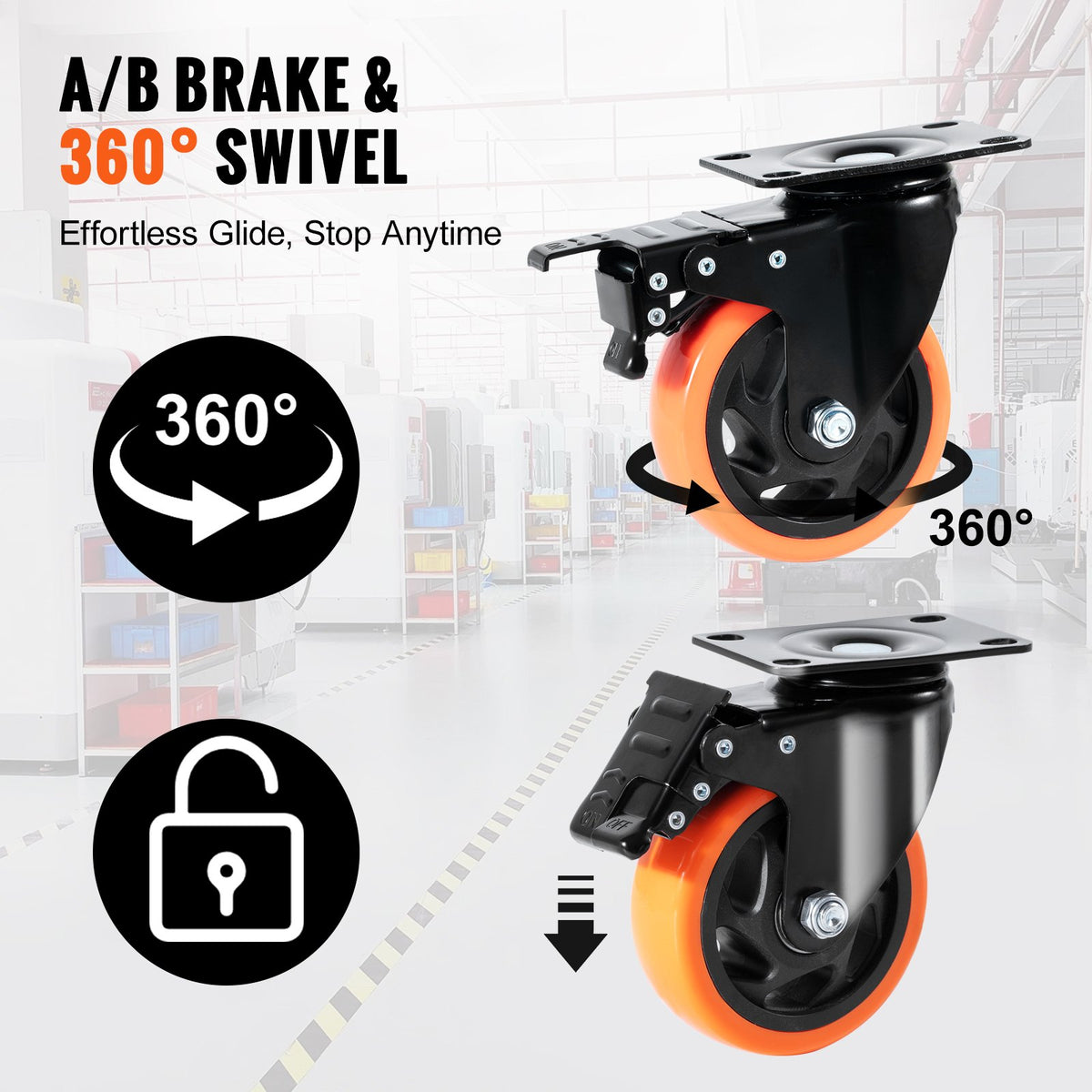 VEVOR Caster Wheels, 10.1 cm Swivel Plate Casters, Set of 4, with Security A/B Locking No Noise PVC Wheels, Heavy Duty 158.8 kg Load Capacity Per Caster, Non-Marking Wheels for Cart Furniture Workbench