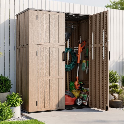VEVOR Outdoor Storage Shed 1.67 m³ Vertical Resin Storage Cabinet Brown, for Garage, Backyard Patio Accessories and Garden Tools, Waterproof Outside Lawn Mower Shed with Lockable Doors and Floor