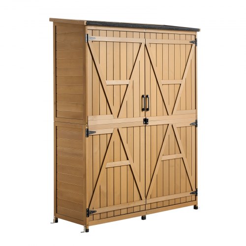 VEVOR Outdoor Storage Shed, 125.5 x 162.5 cm Wood Garden Tool Shed with Lockable Doors & Sloped Roof, Waterproof Outside Storage Cabinet with Shelves & Floor Included for Backyard Patio Lawn, Brown