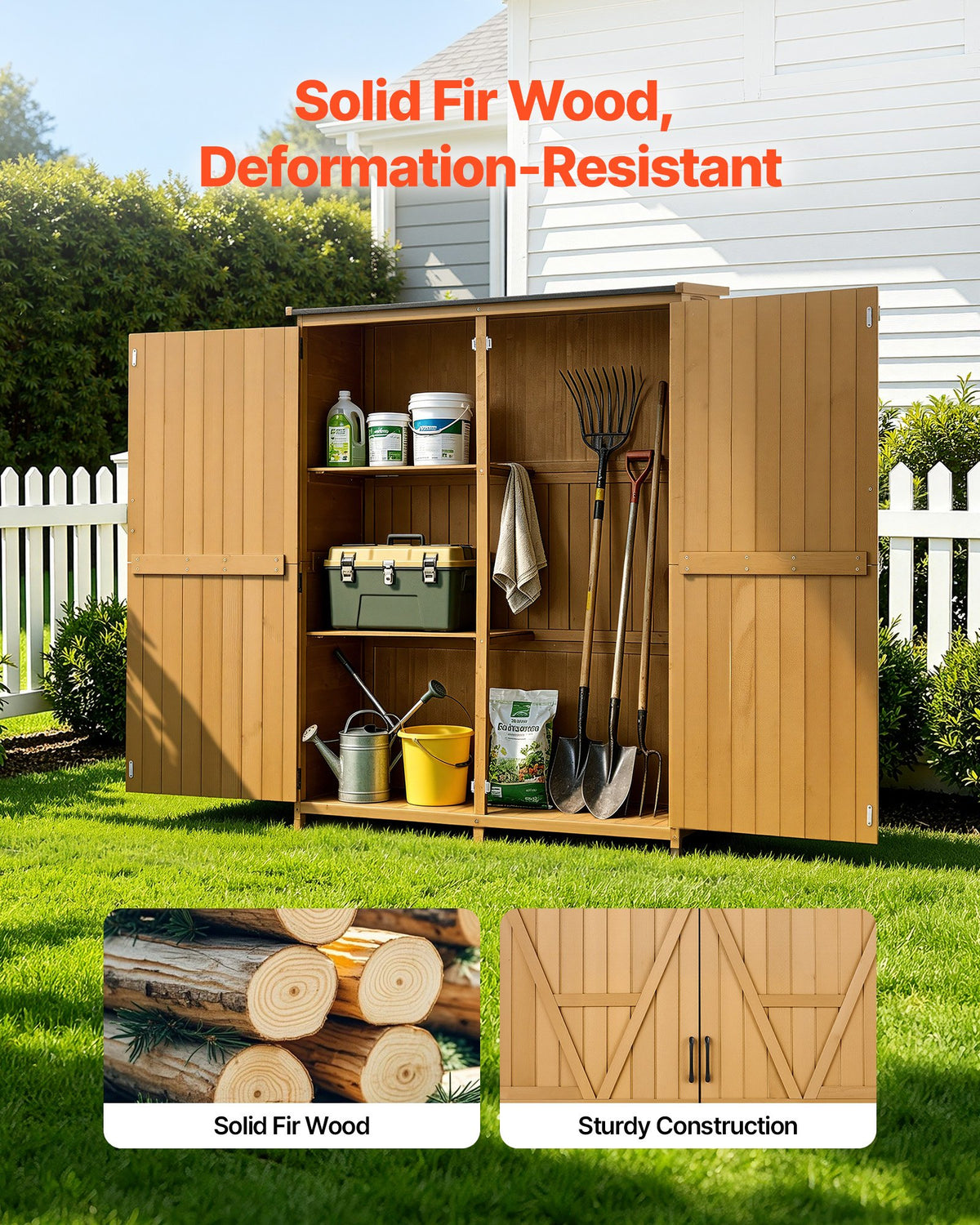 VEVOR Outdoor Storage Shed, 125.5 x 162.5 cm Wood Garden Tool Shed with Lockable Doors & Sloped Roof, Waterproof Outside Storage Cabinet with Shelves & Floor Included for Backyard Patio Lawn, Brown