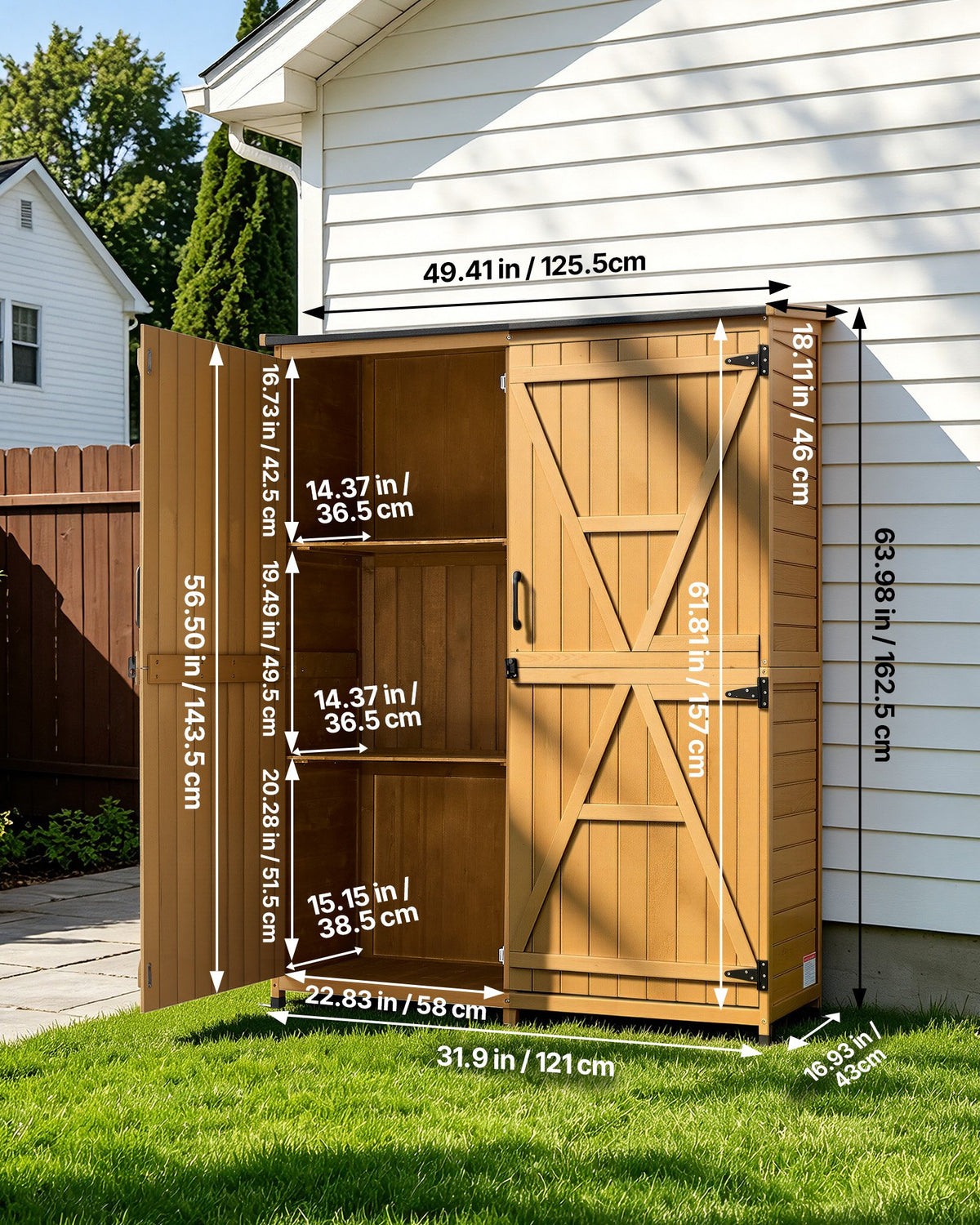 VEVOR Outdoor Storage Shed, 125.5 x 162.5 cm Wood Garden Tool Shed with Lockable Doors & Sloped Roof, Waterproof Outside Storage Cabinet with Shelves & Floor Included for Backyard Patio Lawn, Brown