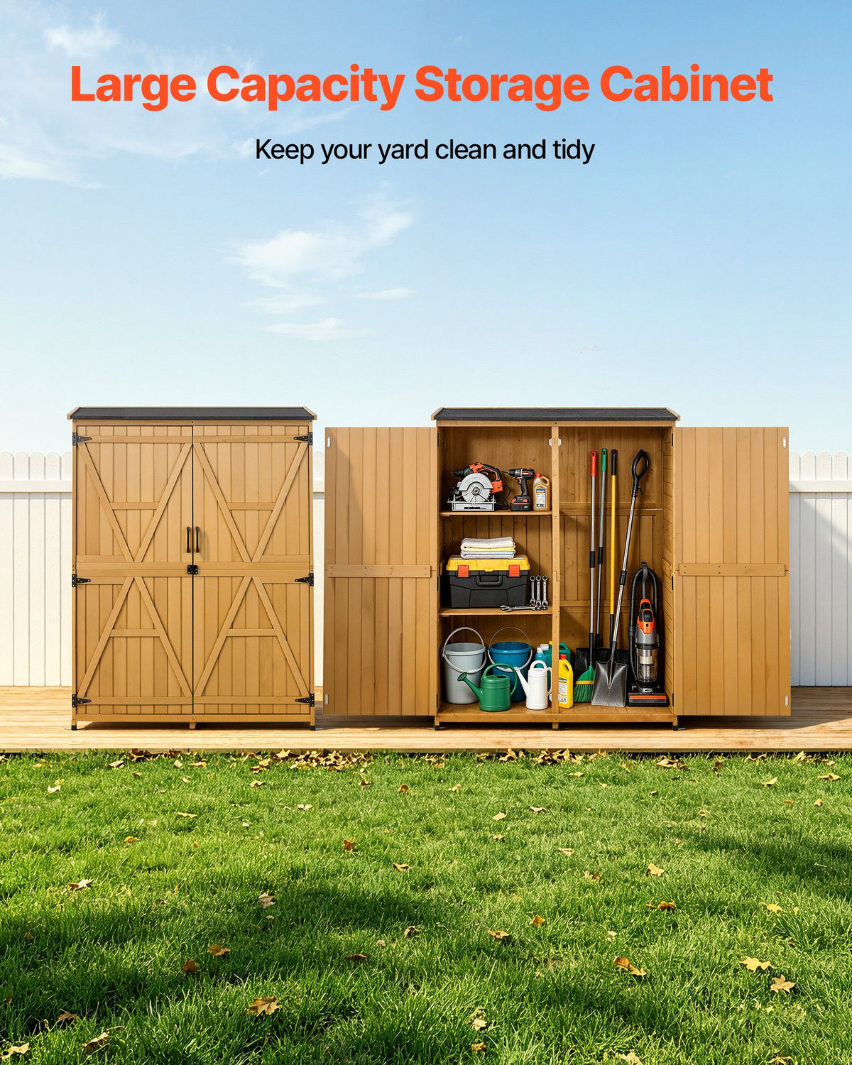VEVOR Outdoor Storage Shed, 125.5 x 162.5 cm Wood Garden Tool Shed with Lockable Doors & Sloped Roof, Waterproof Outside Storage Cabinet with Shelves & Floor Included for Backyard Patio Lawn, Brown