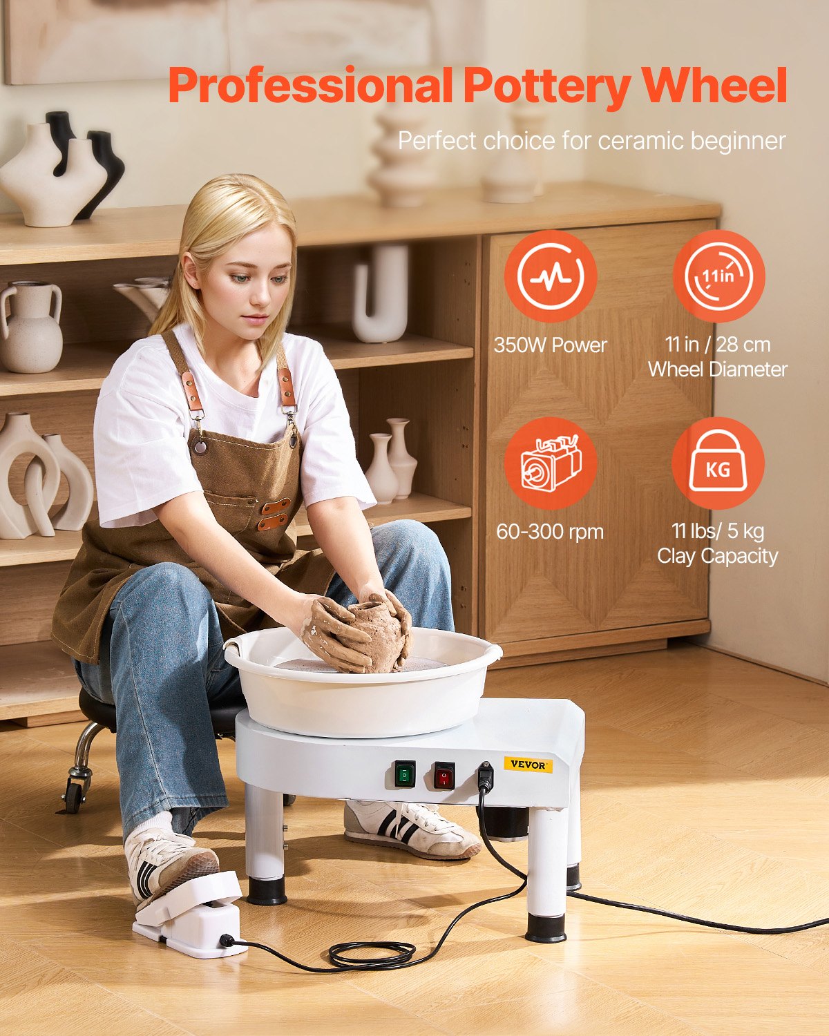 VEVOR Pottery Wheel, 11 in Ceramic Wheel Forming Machine, 60-300 RPM Adjustable Speed with Foot Pedal Control, Detachable Basin, Adjustable Lift Leg, Complete Accessories for Home Pottery, DIY, White