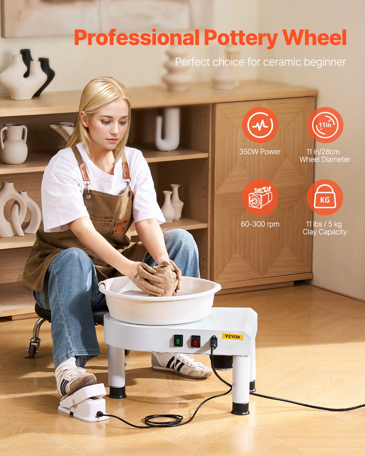 VEVOR Pottery Wheel, 28 cm Ceramic Wheel Forming Machine, 60-300 RPM Speed Adjustable Foot Pedal, Adjustable Lift Leg, Detachable Basin, Complete Tool Accessory Kit for Work Art Craft DIY, White