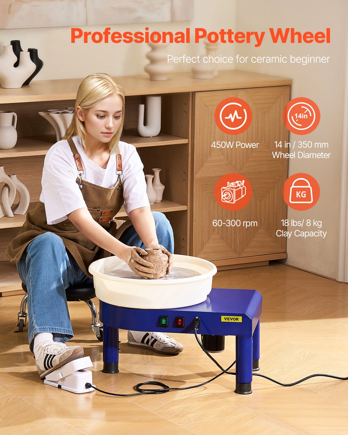 VEVOR Pottery Wheel, 14 in Ceramic Wheel Forming Machine, 60-300 RPM Adjustable Speed with Foot Pedal Control, Detachable Basin, Adjustable Lift Leg, Complete Accessories for Home Pottery, DIY, Blue