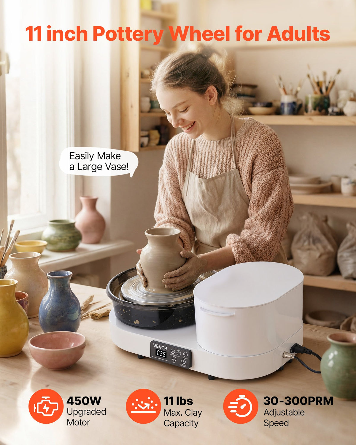 VEVOR Pottery Wheel for Adults, 28 cm Aluminum Turntable, 450W Electric Table Top Pottery Wheel with Foot Pedal, 30-300 RPM Adjustable Speed, Aluminum Body, for Beginners, DIY Clay Art Craft, White