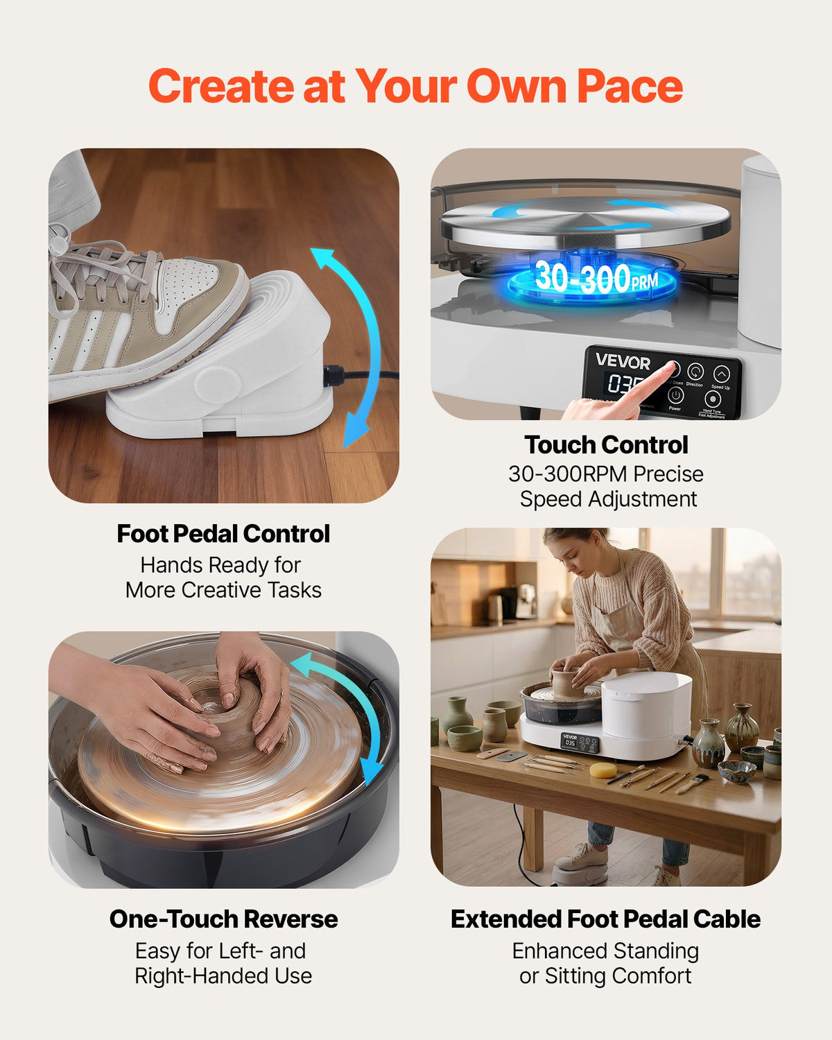 VEVOR Pottery Wheel for Adults, 28 cm Aluminum Turntable, 450W Electric Table Top Pottery Wheel with Foot Pedal, 30-300 RPM Adjustable Speed, Aluminum Body, for Beginners, DIY Clay Art Craft, White