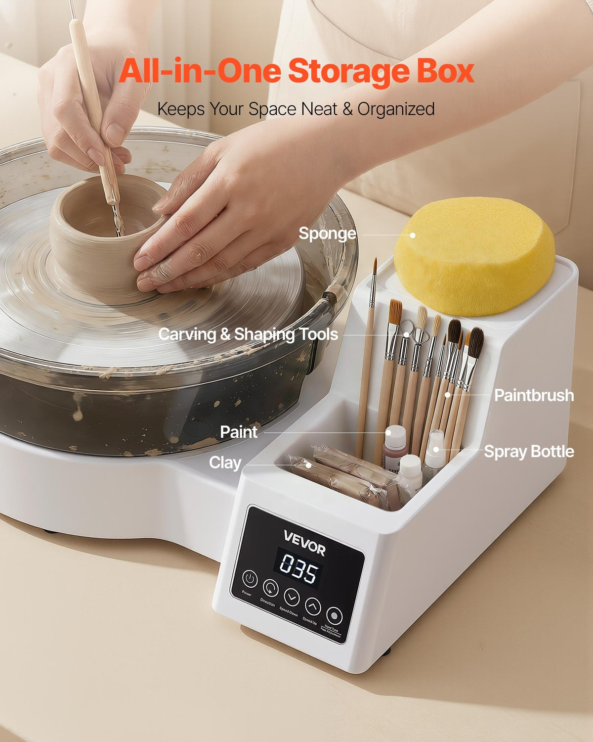 VEVOR Pottery Wheel for Adults, 28 cm Aluminum Turntable, 450W Electric Table Top Pottery Wheel with Foot Pedal, 30-300 RPM Adjustable Speed, Detachable Basin, for Beginners, DIY Clay Art Craft, White