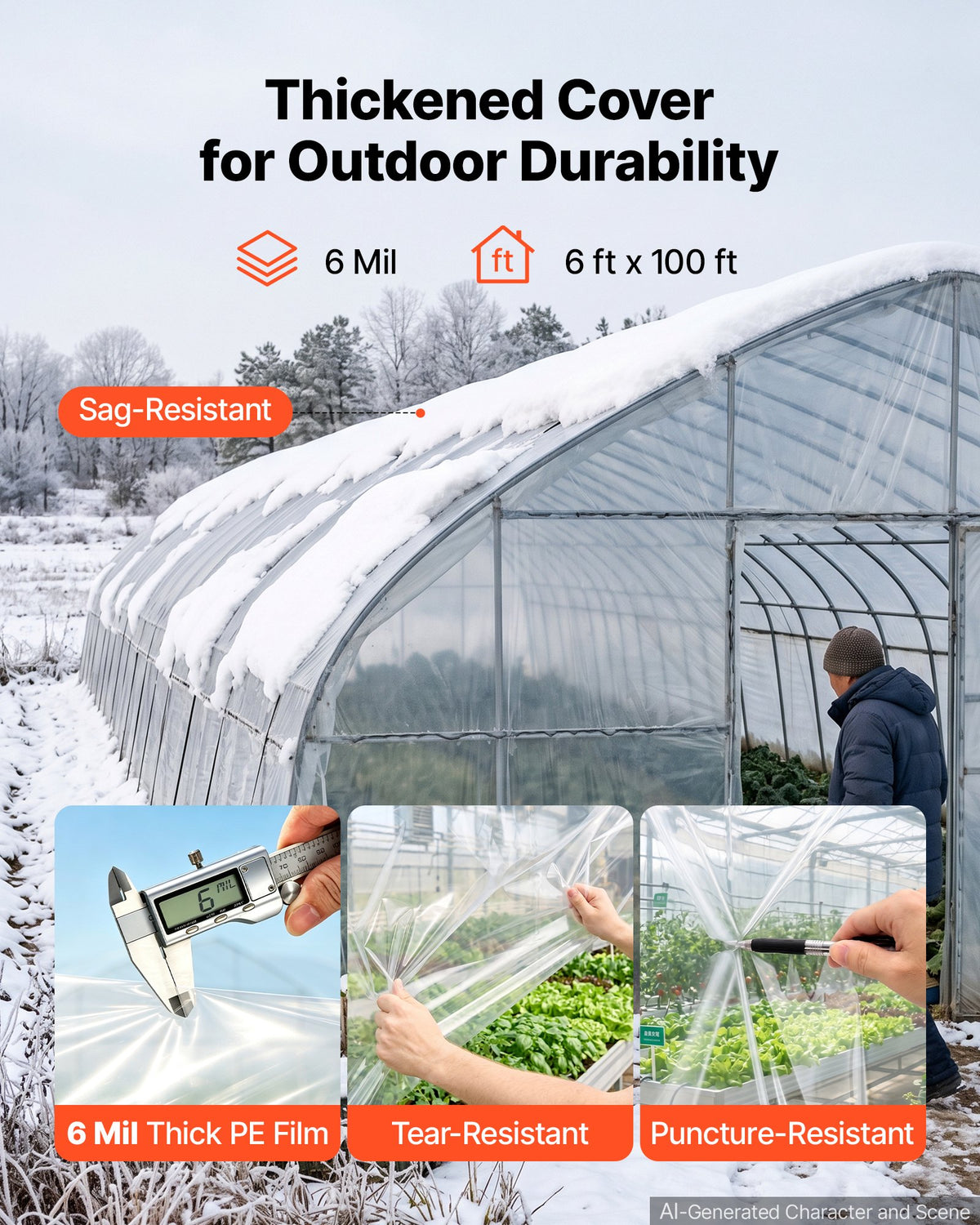 VEVOR Greenhouse Plastic Sheeting 1.8x30.5 m 6 Mil Clear Polyethylene Film, for Farms Agriculture Garden Outdoor Plant, Water Sun Frost Wind Dust Resistant, Heavy Duty Thick Winter Hoop House Cover
